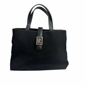 Vtg Lauren Ralph Lauren Black Nylon Leather Trim LRL Buckle Tote Bag Y2K